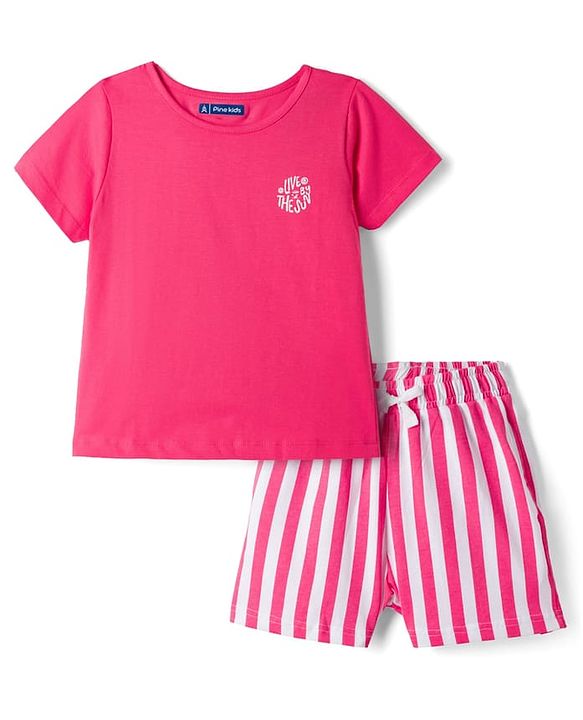 Pine Kids Cotton Knit Half Sleeves T-Shirt & Striped Shorts Night Suit With Text Print - Pink