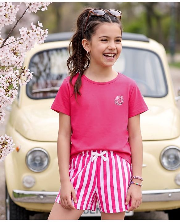 Pine Kids Cotton Knit Half Sleeves T-Shirt & Striped Shorts Night Suit With Text Print - Pink