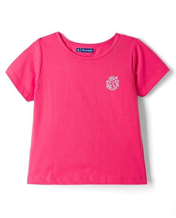 Pine Kids Cotton Knit Half Sleeves T-Shirt & Striped Shorts Night Suit With Text Print - Pink