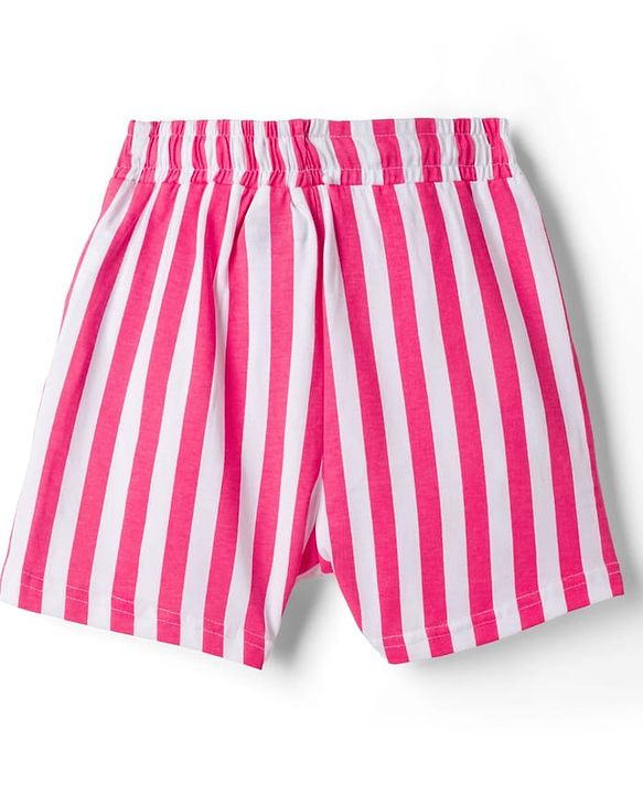 Pine Kids Cotton Knit Half Sleeves T-Shirt & Striped Shorts Night Suit With Text Print - Pink