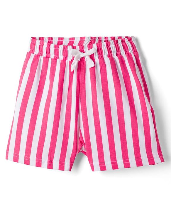 Pine Kids Cotton Knit Half Sleeves T-Shirt & Striped Shorts Night Suit With Text Print - Pink