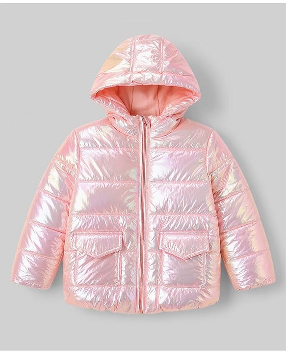 Babyhug Woven Full Sleeves Solid Metallic Colour Hooded Padded Jacket - Pink