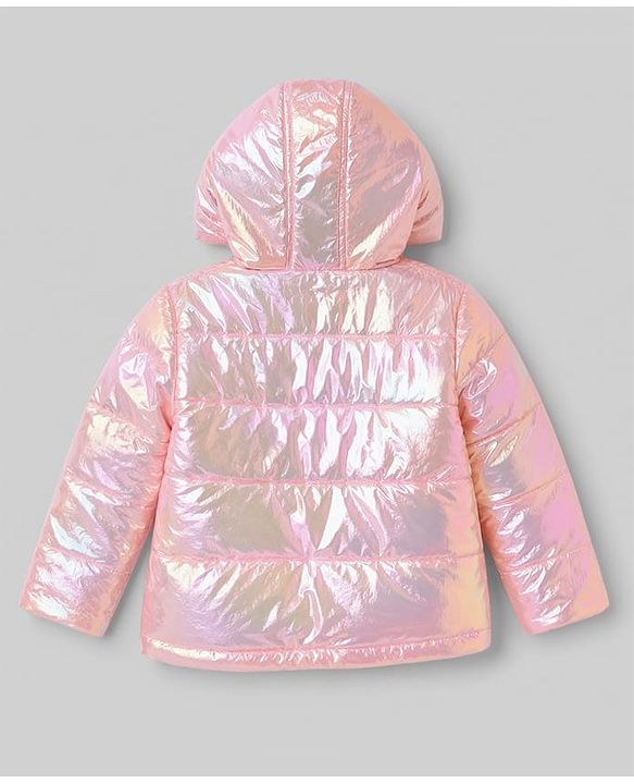 Babyhug Woven Full Sleeves Solid Metallic Colour Hooded Padded Jacket - Pink