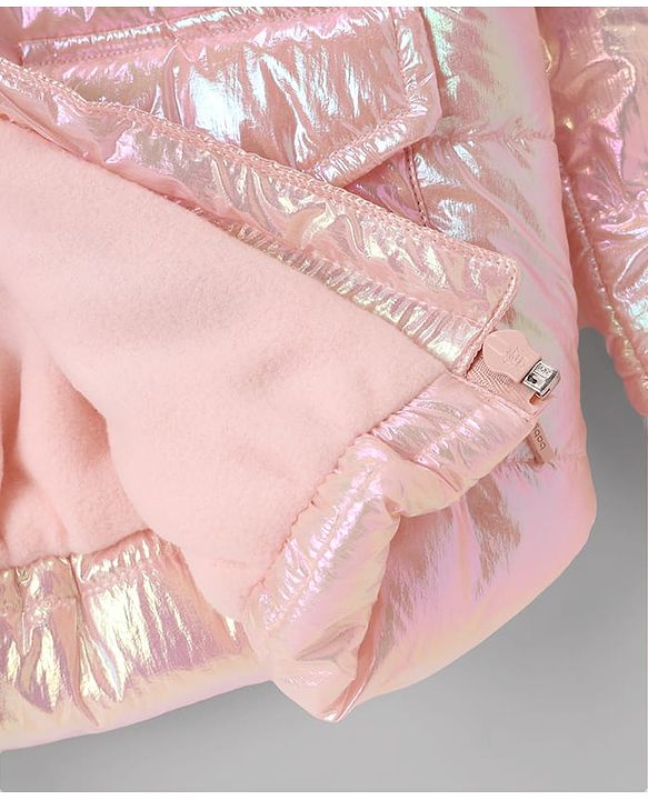 Babyhug Woven Full Sleeves Solid Metallic Colour Hooded Padded Jacket - Pink