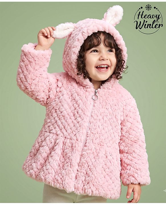 Babyhug Fur Woven Hooded Full Sleeves Hoodie With Ear Applique - Pink