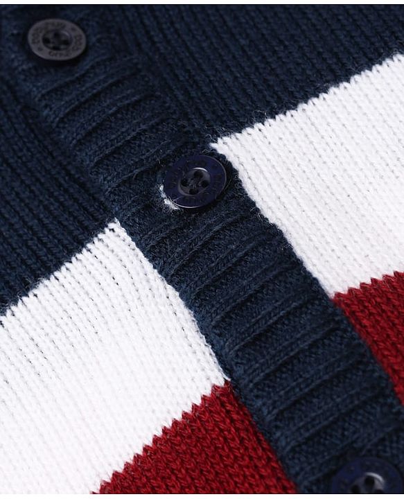 Babyhug Knit Front Open Sweater with Full Sleeves and Stripes Print in Navy Blue