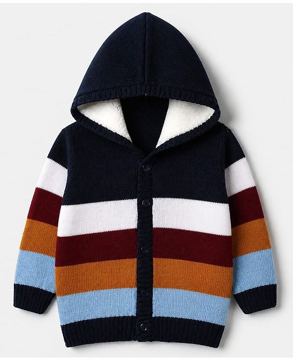 Babyhug Knit Front Open Sweater with Full Sleeves and Stripes Print in Navy Blue