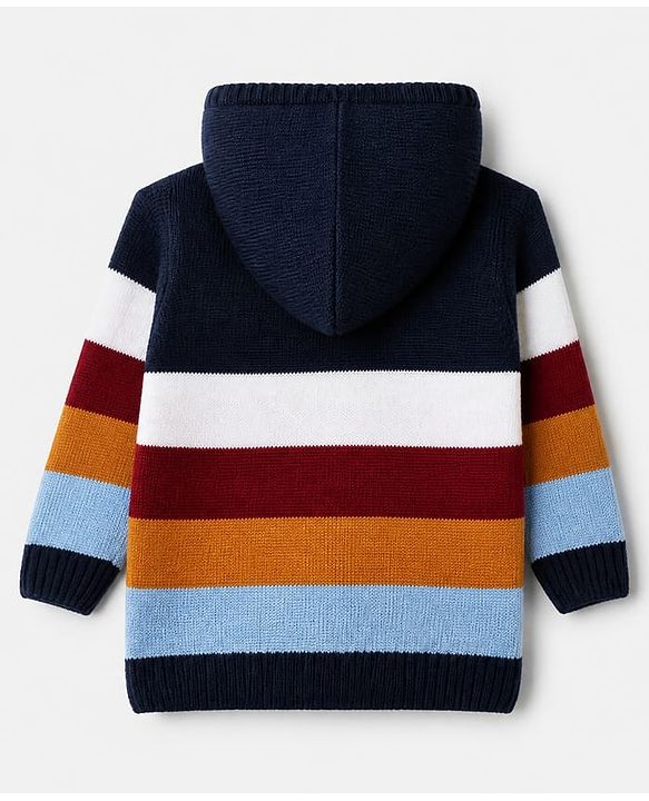 Babyhug Knit Front Open Sweater with Full Sleeves and Stripes Print in Navy Blue