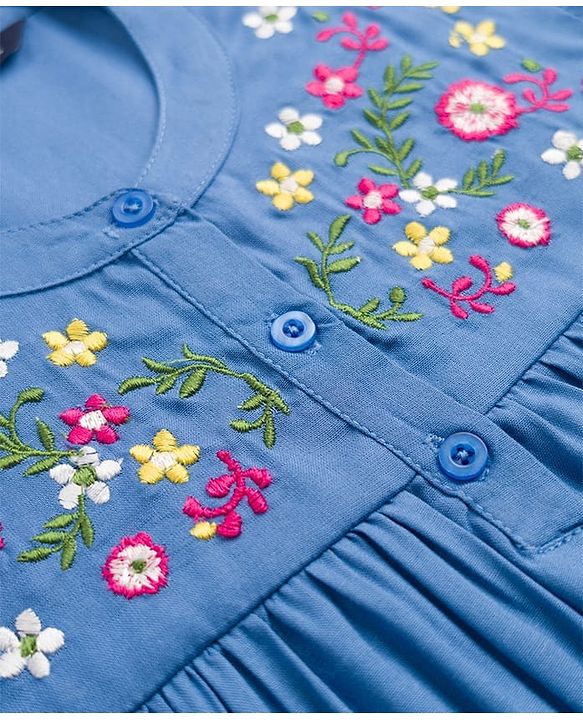 Pine Kids Woven Half Frill Sleeves Floral Embroidered Top - Blue