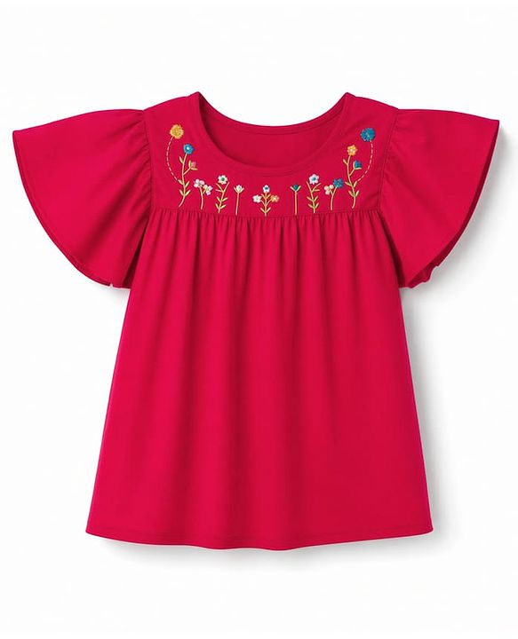 Pine Kids Woven Half Flutter Sleeves Floral Embroidered Top - Red