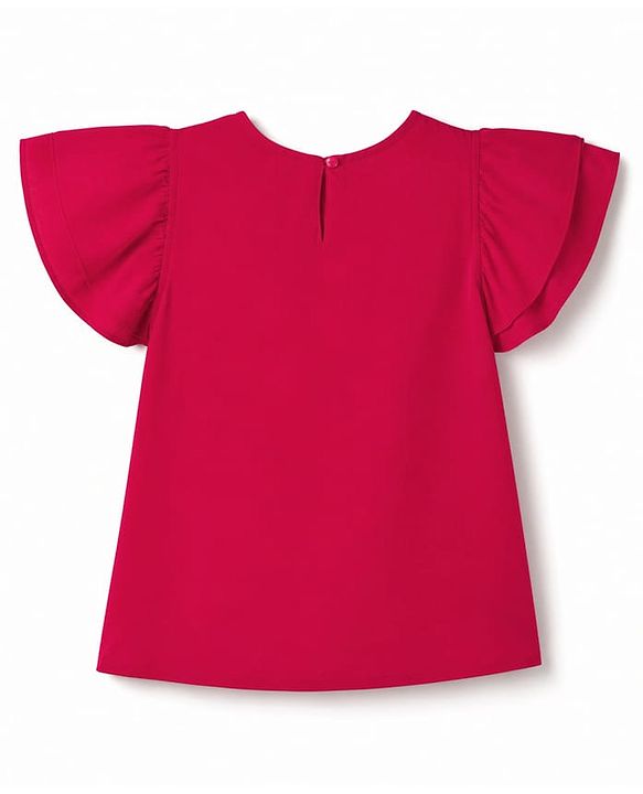 Pine Kids Woven Half Flutter Sleeves Floral Embroidered Top - Red