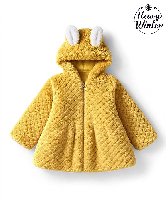 Babyhug Fur Woven Hooded Full Sleeves Hoodie With Ear Applique - Yellow