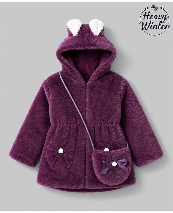 Babyhug Fur Woven Hooded Full Sleeves Hoodie With Bow & Ear Applique - Burgandy