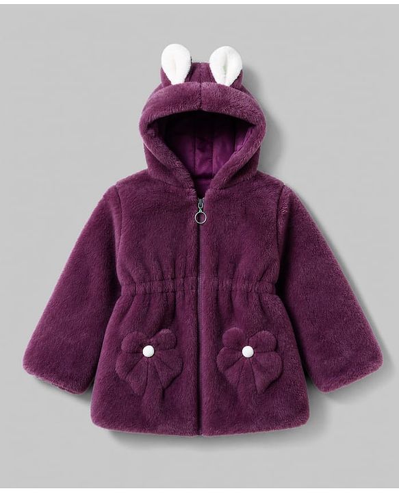 Babyhug Fur Woven Hooded Full Sleeves Hoodie With Bow & Ear Applique - Burgandy