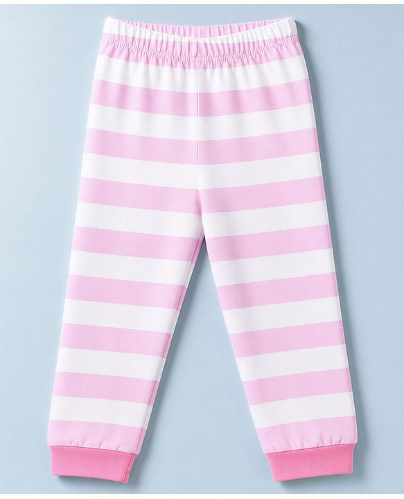 Babyhug 100% Cotton Knit Full Sleeves Striped T-Shirt & Pyjama Night Suit with Cat Print - Pink