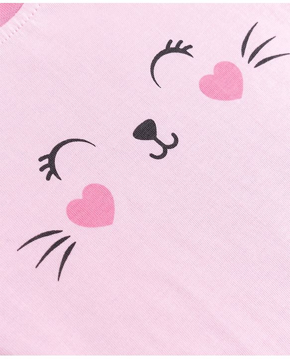 Babyhug 100% Cotton Knit Full Sleeves Striped T-Shirt & Pyjama Night Suit with Cat Print - Pink