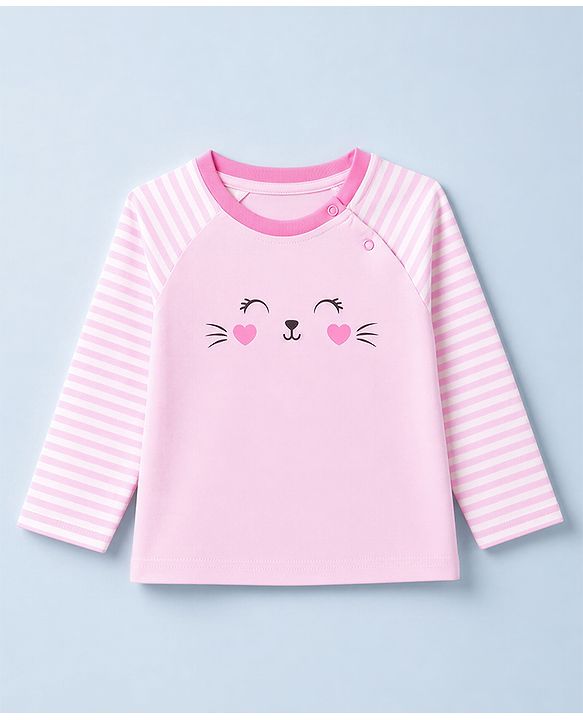 Babyhug 100% Cotton Knit Full Sleeves Striped T-Shirt & Pyjama Night Suit with Cat Print - Pink