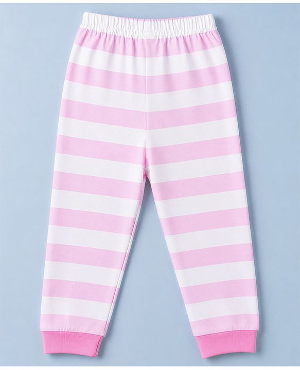 Babyhug 100% Cotton Knit Full Sleeves Striped T-Shirt & Pyjama Night Suit with Cat Print - Pink