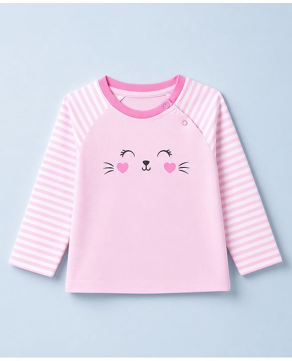 Babyhug 100% Cotton Knit Full Sleeves Striped T-Shirt & Pyjama Night Suit with Cat Print - Pink