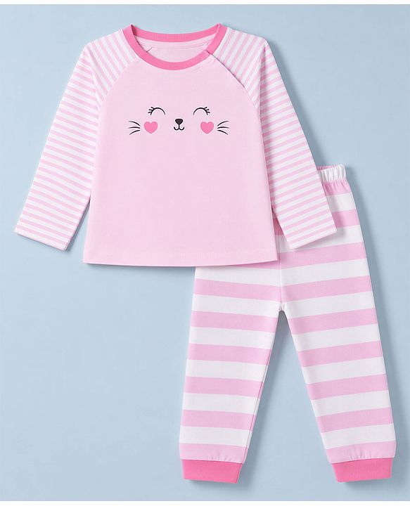 Babyhug 100% Cotton Knit Full Sleeves Striped T-Shirt & Pyjama Night Suit with Cat Print - Pink