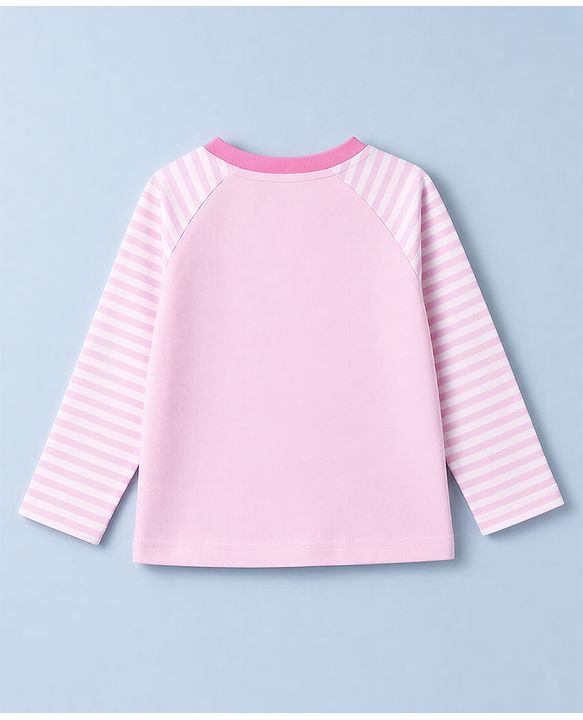 Babyhug 100% Cotton Knit Full Sleeves Striped T-Shirt & Pyjama Night Suit with Cat Print - Pink