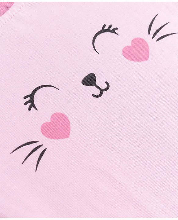 Babyhug 100% Cotton Knit Full Sleeves Striped T-Shirt & Pyjama Night Suit with Cat Print - Pink
