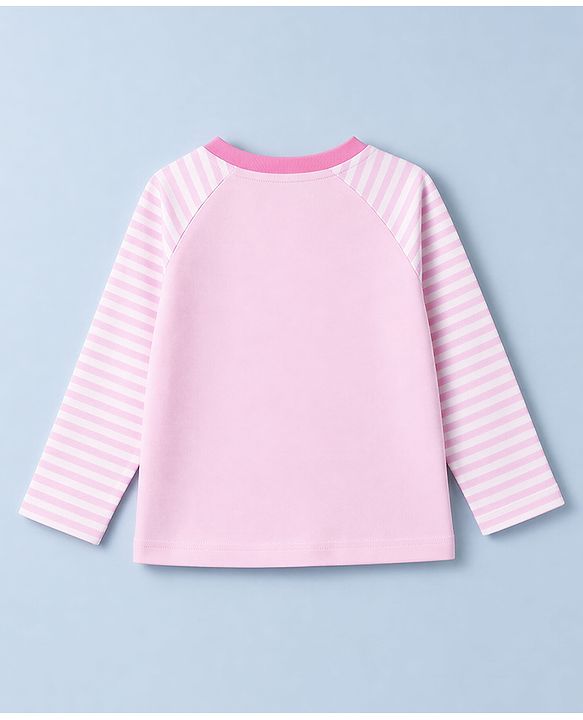 Babyhug 100% Cotton Knit Full Sleeves Striped T-Shirt & Pyjama Night Suit with Cat Print - Pink