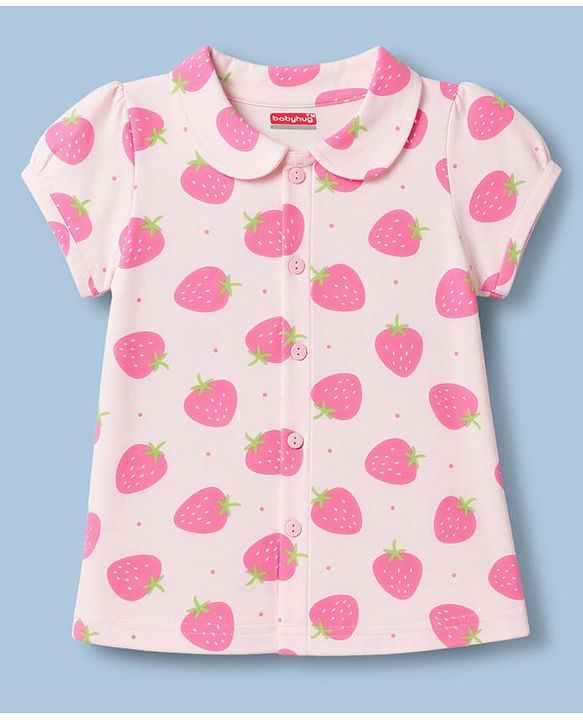 Babyhug 100% Cotton Knit Half Sleeves Strawberry Printed Co-Ords Shirt & Pyjama Night Suit - Pink