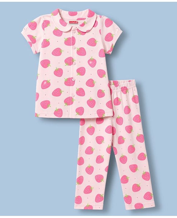 Babyhug 100% Cotton Knit Half Sleeves Strawberry Printed Co-Ords Shirt & Pyjama Night Suit - Pink