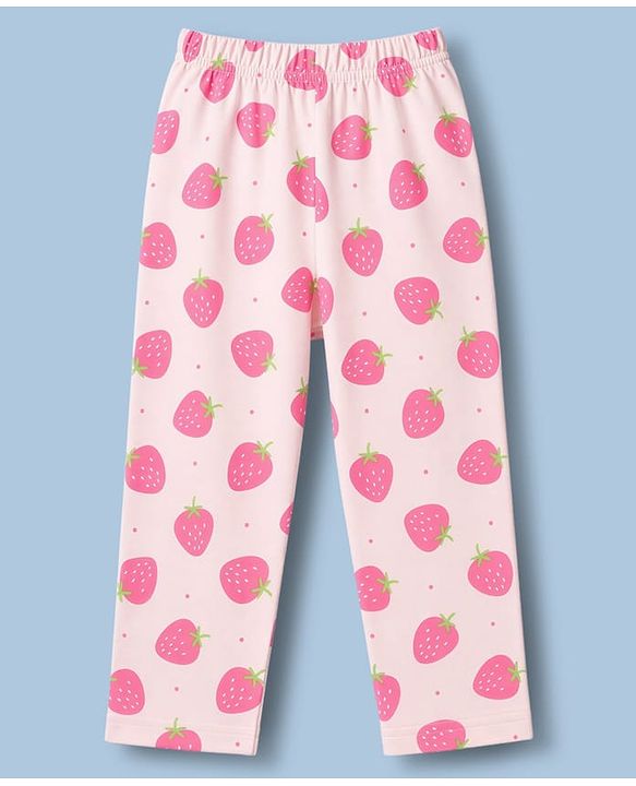 Babyhug 100% Cotton Knit Half Sleeves Strawberry Printed Co-Ords Shirt & Pyjama Night Suit - Pink