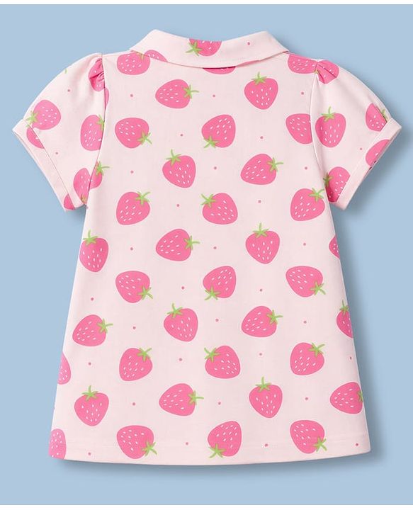 Babyhug 100% Cotton Knit Half Sleeves Strawberry Printed Co-Ords Shirt & Pyjama Night Suit - Pink