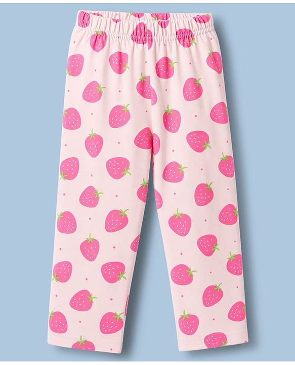 Babyhug 100% Cotton Knit Half Sleeves Strawberry Printed Co-Ords Shirt & Pyjama Night Suit - Pink