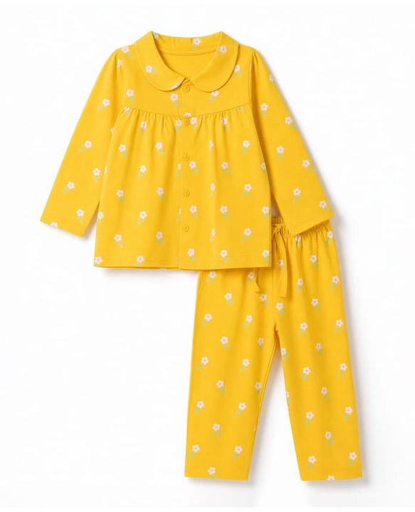Babyhug Cotton Knit Full Sleeves Front Open Shirt & Pyjama Night Suit with Floral Print - Yellow