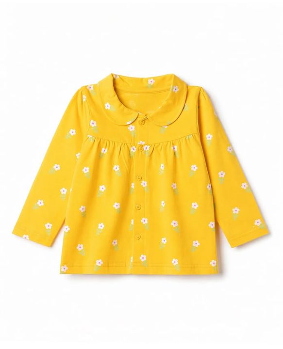 Babyhug Cotton Knit Full Sleeves Front Open Shirt & Pyjama Night Suit with Floral Print - Yellow