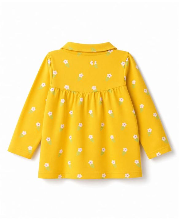 Babyhug Cotton Knit Full Sleeves Front Open Shirt & Pyjama Night Suit with Floral Print - Yellow