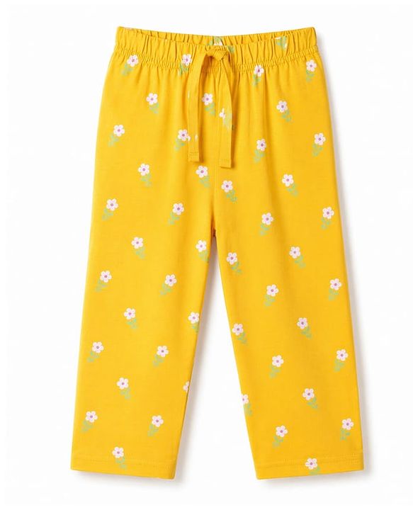 Babyhug Cotton Knit Full Sleeves Front Open Shirt & Pyjama Night Suit with Floral Print - Yellow