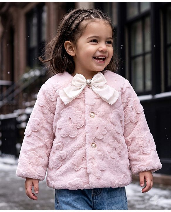 Babyhug Fur Woven Jacket with Full Sleeves and Floral Pattern With Bow Applique - Light Pink