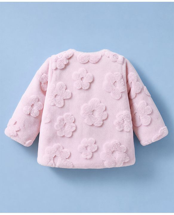 Babyhug Fur Woven Jacket with Full Sleeves and Floral Pattern With Bow Applique - Light Pink