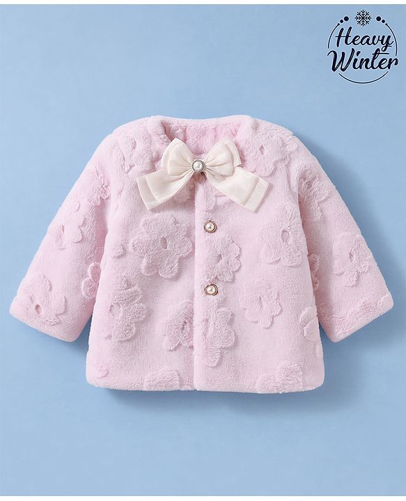Babyhug Fur Woven Jacket with Full Sleeves and Floral Pattern With Bow Applique - Light Pink
