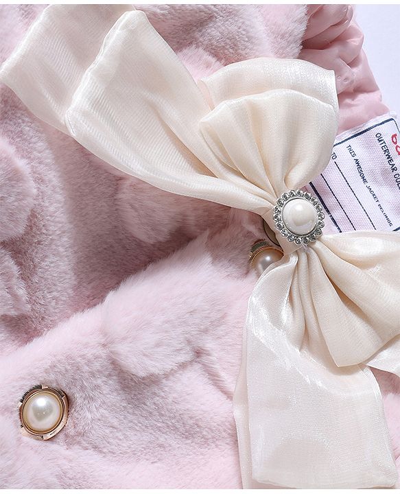 Babyhug Fur Woven Jacket with Full Sleeves and Floral Pattern With Bow Applique - Light Pink