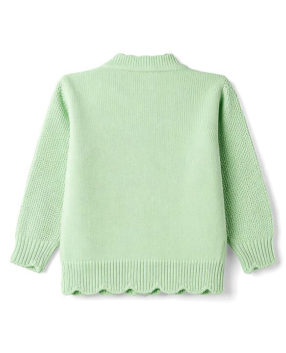 Babyhug Knit Full Sleeves Front Open Sweaters With Cable Design & Floral Embroidery - Mint