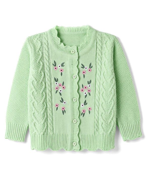 Babyhug Knit Full Sleeves Front Open Sweaters With Cable Design & Floral Embroidery - Mint