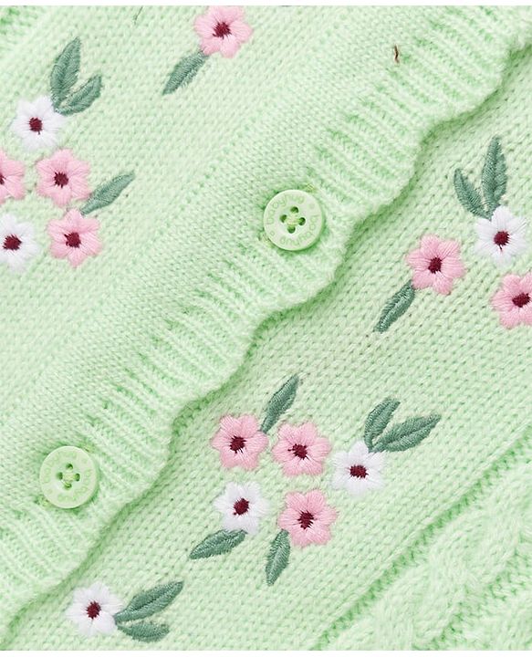 Babyhug Knit Full Sleeves Front Open Sweaters With Cable Design & Floral Embroidery - Mint