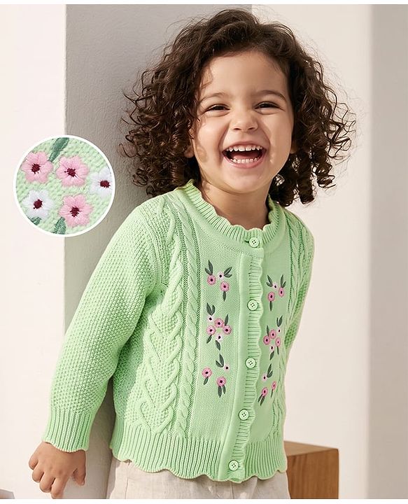 Babyhug Knit Full Sleeves Front Open Sweaters With Cable Design & Floral Embroidery - Mint