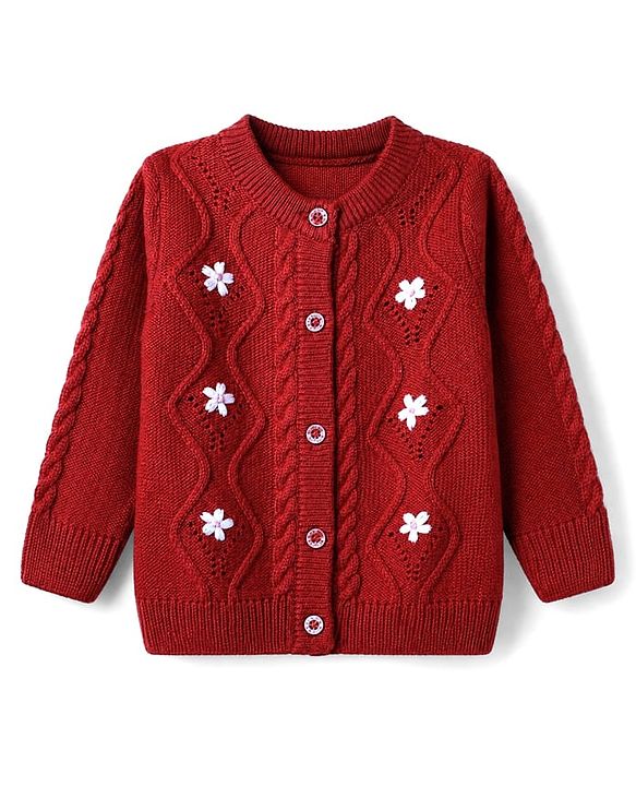 Babyhug Knit Front Open Sweaters with Full Sleeves and Floral Embroidery in Red for 6-9 Months