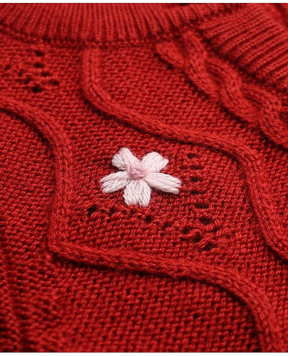 Babyhug Knit Front Open Sweaters with Full Sleeves and Floral Embroidery in Red for 6-9 Months