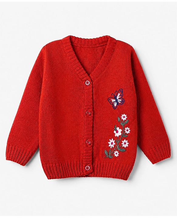 Babyhug Knit Front Open Sweater with Full Sleeves and Flower Embroidery - Rust