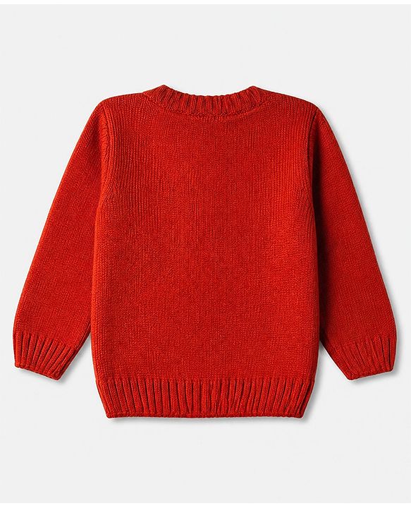 Babyhug Knit Front Open Sweater with Full Sleeves and Flower Embroidery - Rust