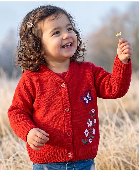Babyhug Knit Front Open Sweater with Full Sleeves and Flower Embroidery - Rust