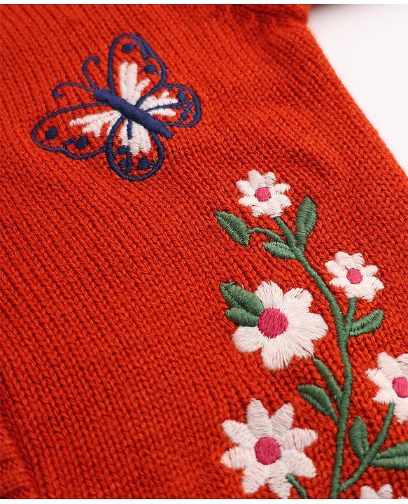 Babyhug Knit Front Open Sweater with Full Sleeves and Flower Embroidery - Rust